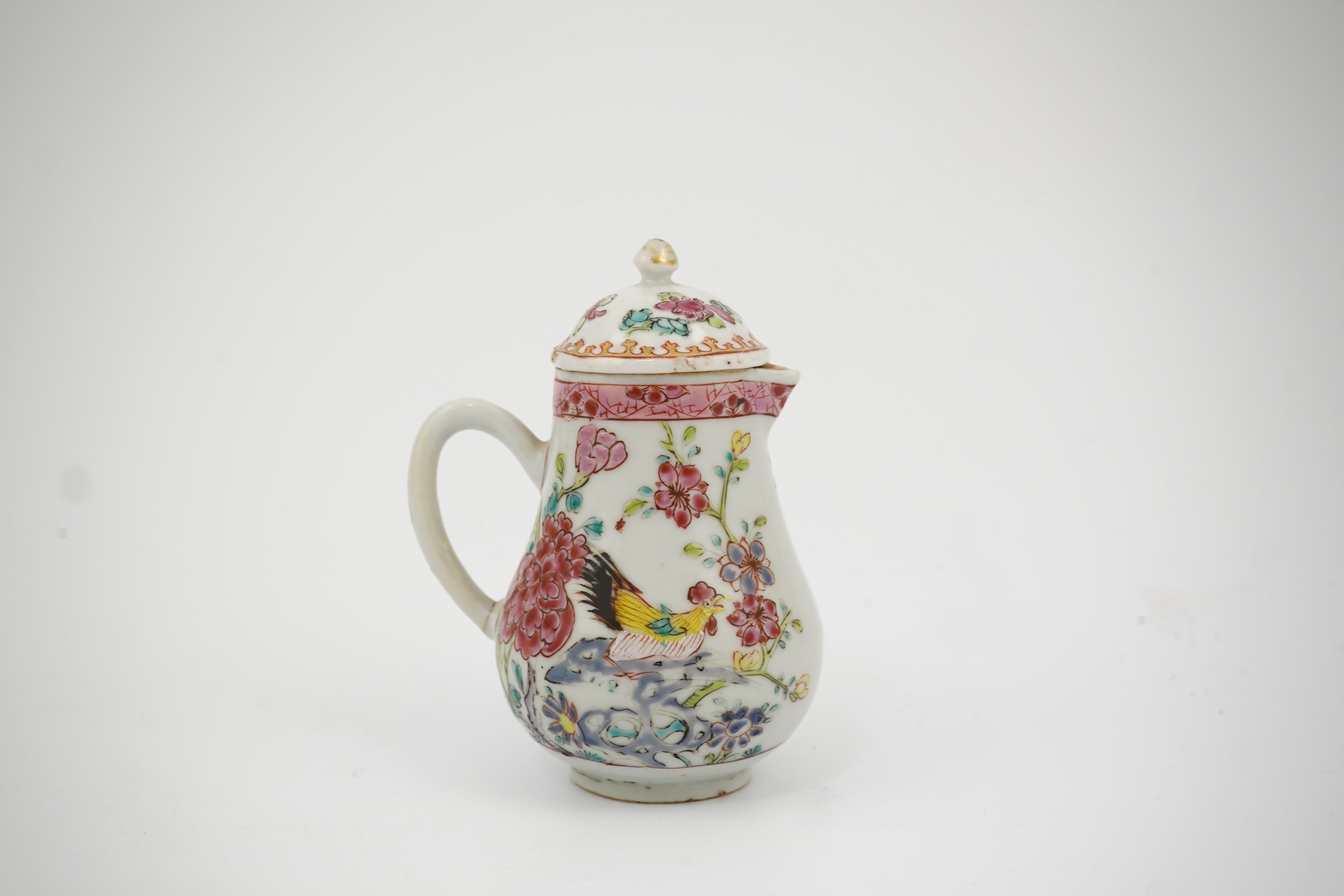 A Chinese famille rose ‘cockerel’ cream jug and cover, Yongzheng period